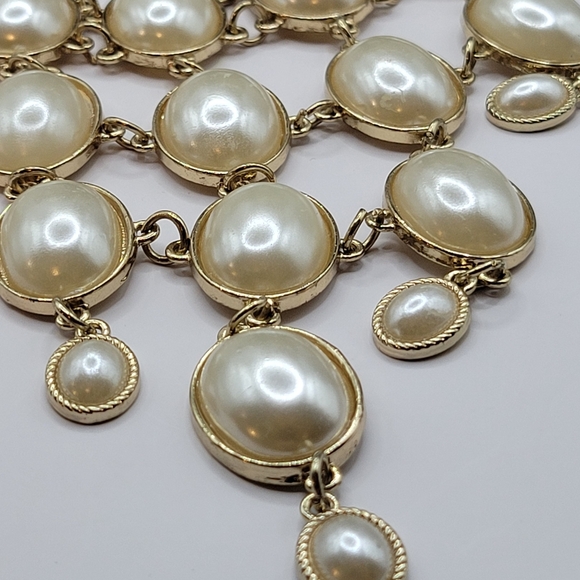 Faux Pearl Cabachon Gold Tone Bib Statement Waterfall Necklace - Picture 5 of 9